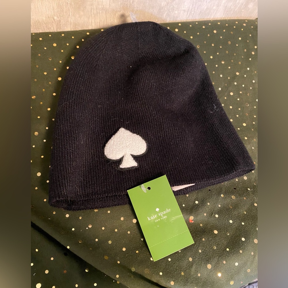NWT kate spade Black Beanie Winter Hat White Spade Logo